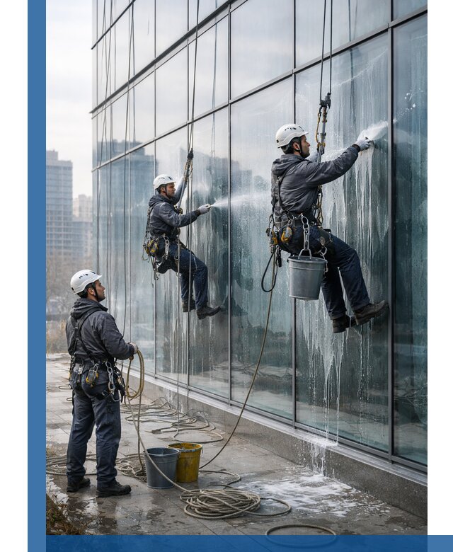 Промышленная мойка панорамных окон на высоте в Кольчугине