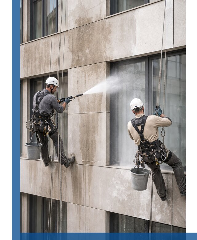 Послестроительная мойка фасада промышленным альпинизмом в Кольчугине