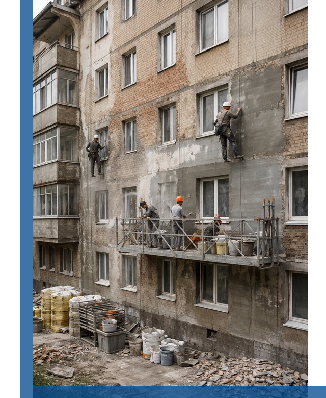 Капитальный ремонт фасада в Кольчугине с восстановлением и гидроизоляцией