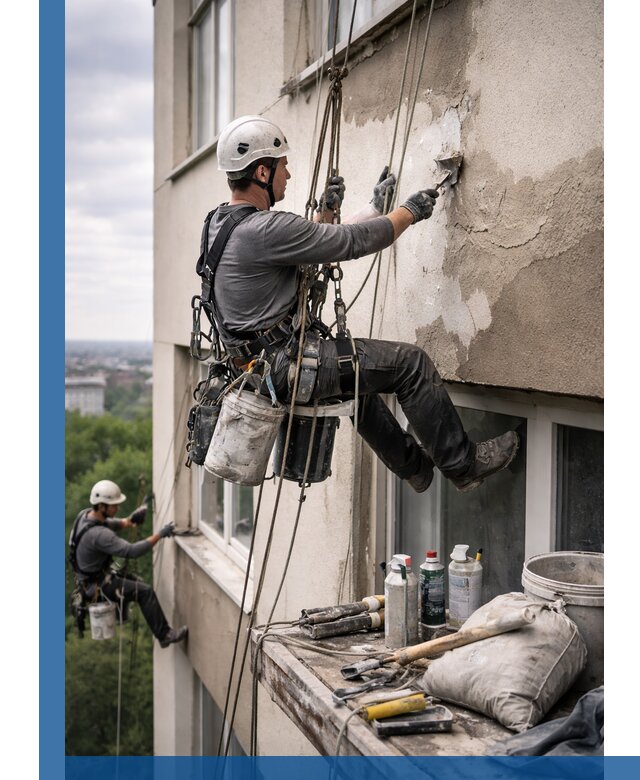 Косметический ремонт фасада зданий в Кольчугине промышленными альпинистами