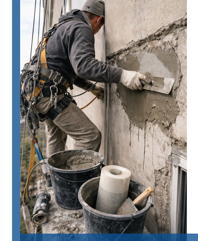 Ремонт бетонных элементов фасада промышленными альпинистами в Кольчугине