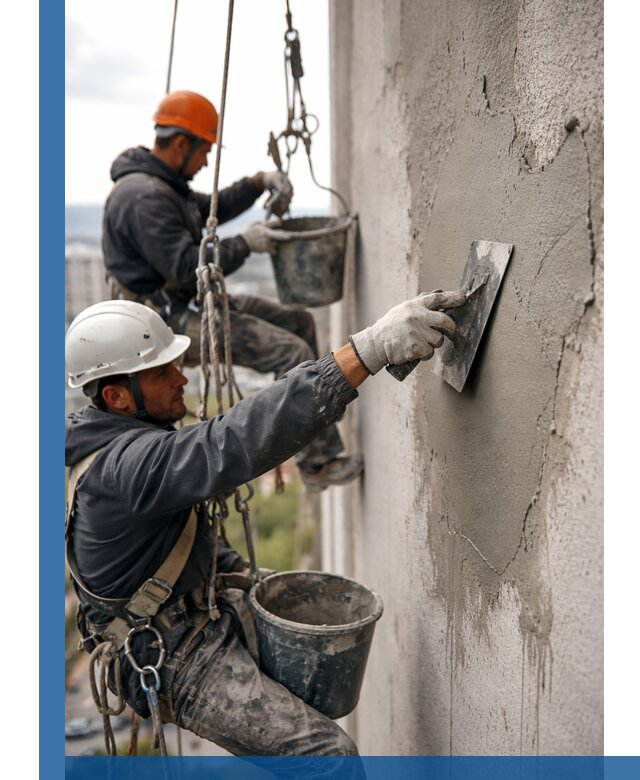 Штукатурка фасада на высоте в Кольчугине профессиональные работы