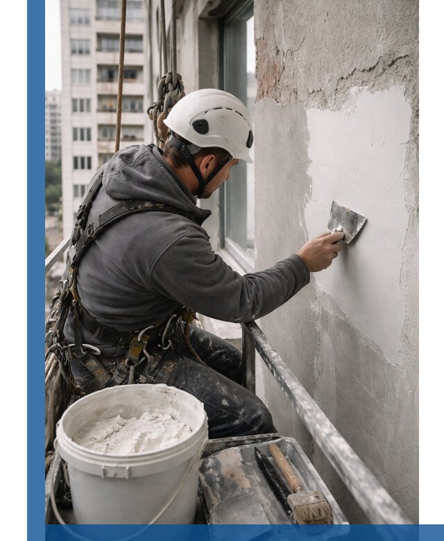 Шпаклевка фасадов на высоте с промальпинистами в Кольчугине