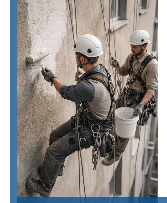 Грунтовка фасада на высоте в Кольчугине промышленными альпинистами