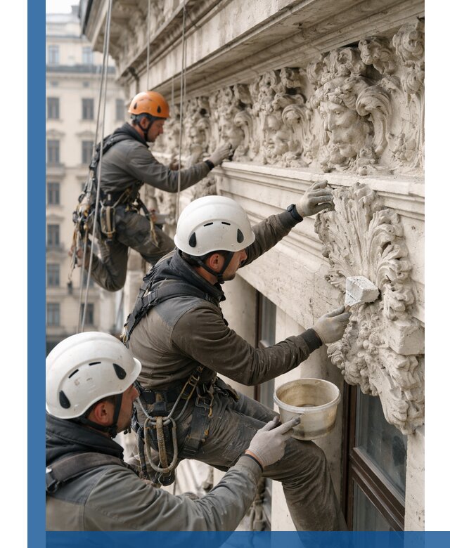 Реставрация фасадной лепнины с высотными работами в Кольчугине