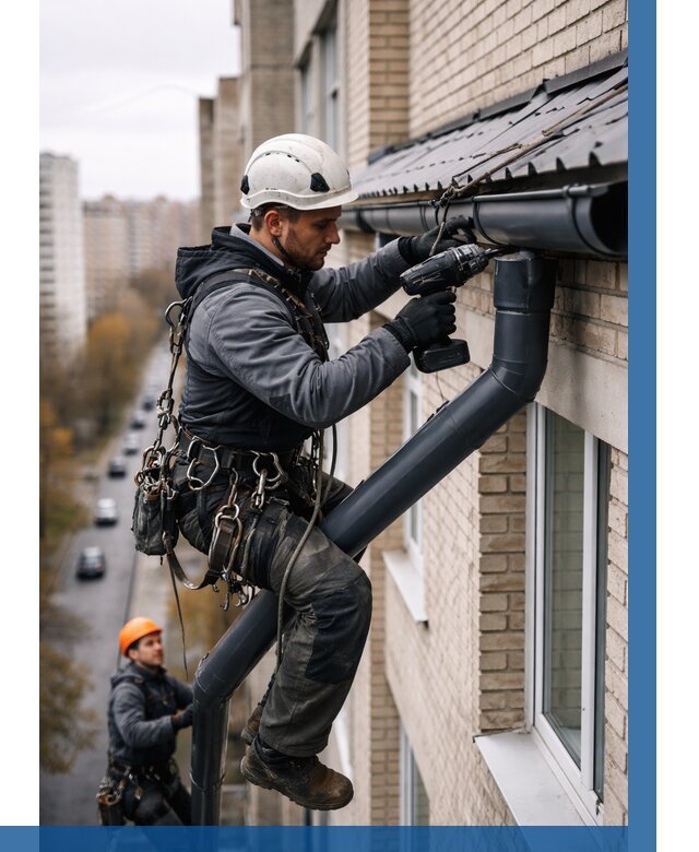 Монтаж водосточной системы на здании в Кольчугине от 5086 р. | ВЫСОТНИК-Кль