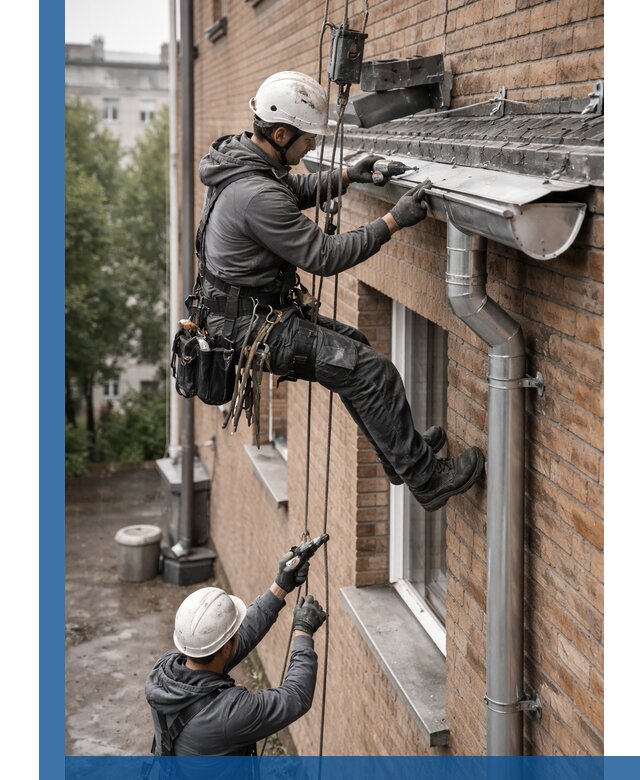 Монтаж водосточной системы на здании в Кольчугине под ключ