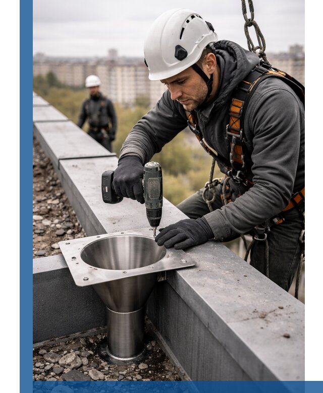 Монтаж водосточных воронок в Кольчугине для промышленных зданий