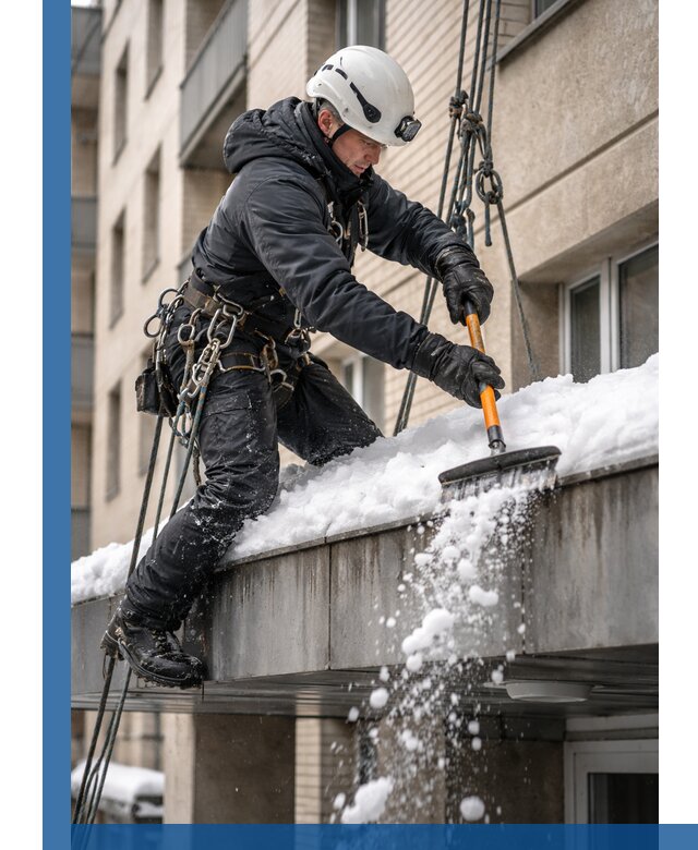 Очистка козырьков от снега в Кольчугине круглогодично безопасно