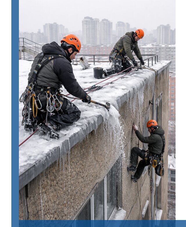 Удаление наледи с кровли в Кольчугине промышленными альпинистами