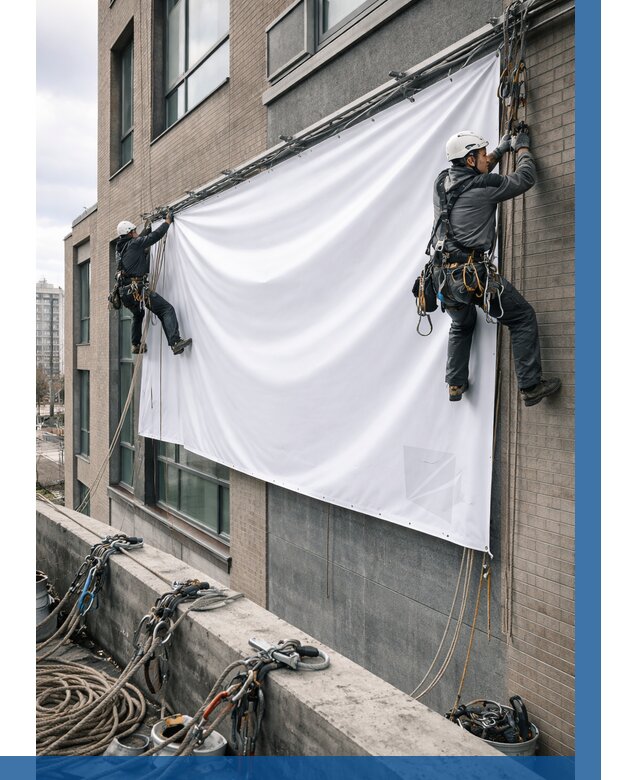 Монтаж баннеров на фасаде в Кольчугине от 661 р. заказать ВЫСОТНИК-Кль