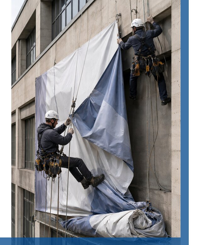 Демонтаж баннеров с фасада в Кольчугине от 4577 р. | ВЫСОТНИК-Кль