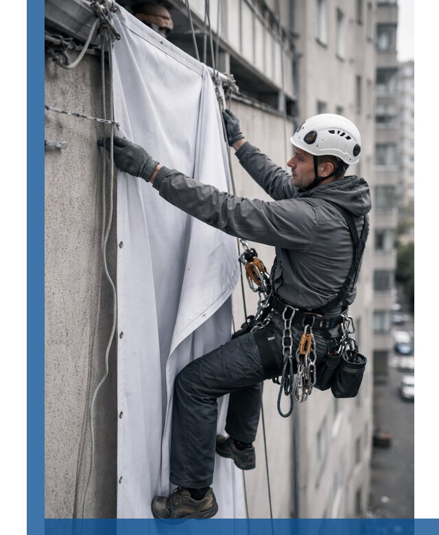 Замена баннерного полотна промышленными альпинистами в Кольчугине