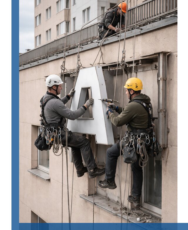 Ремонт и восстановление наружных вывесок на высоте в Кольчугине