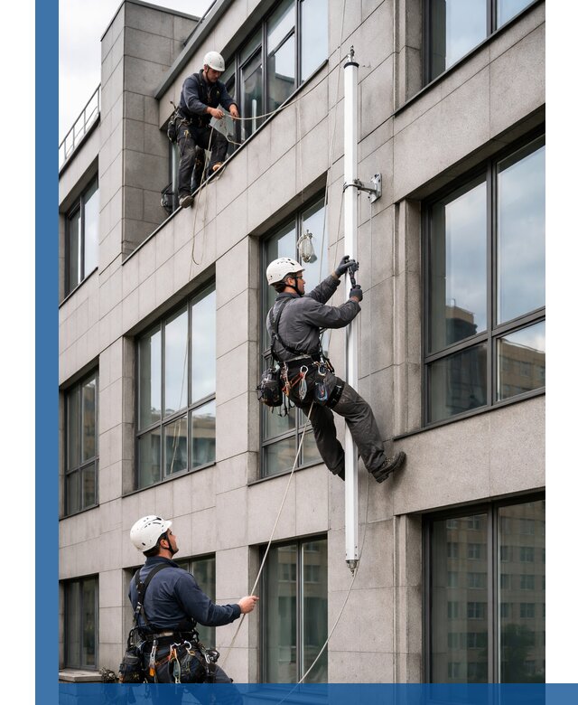 Монтаж флагштока на фасаде здания с креплением и герметикой в Кольчугине
