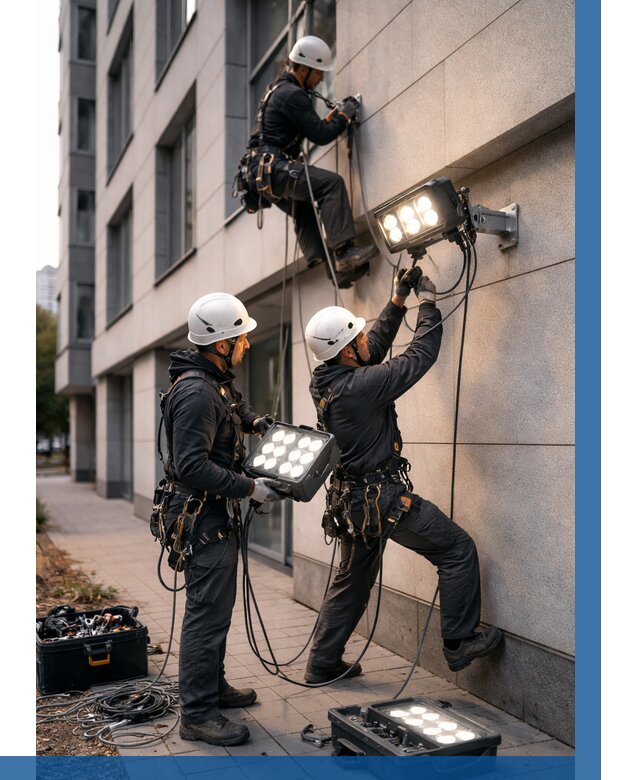 Монтаж прожекторов на фасаде в Кольчугине от 7628 р. | ВЫСОТНИК-Кль