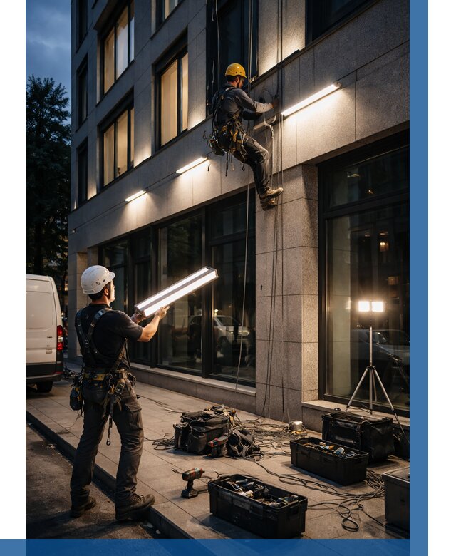 Монтаж архитектурной подсветки здания в Кольчугине от 2543 р.|ВЫСОТНИК-Кль