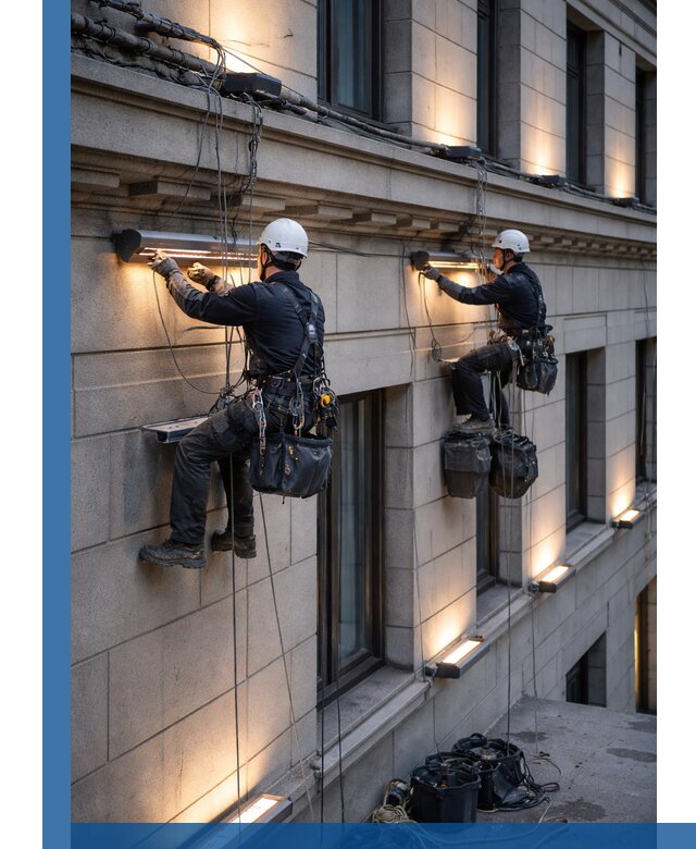 Монтаж архитектурной подсветки фасадов зданий в Кольчугине