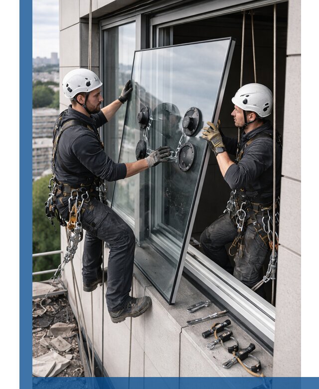 Замена стеклопакетов на высоте с промышленными альпинистами в Кольчугине