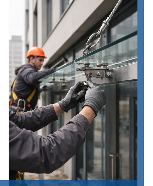 Монтаж стеклянных козырьков в Кольчугине от 8645 р. | ВЫСОТНИК-Кль