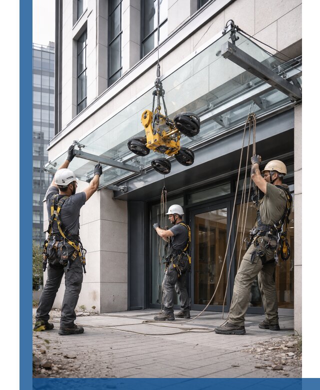 Монтаж стеклянных козырьков под ключ в Кольчугине для зданий