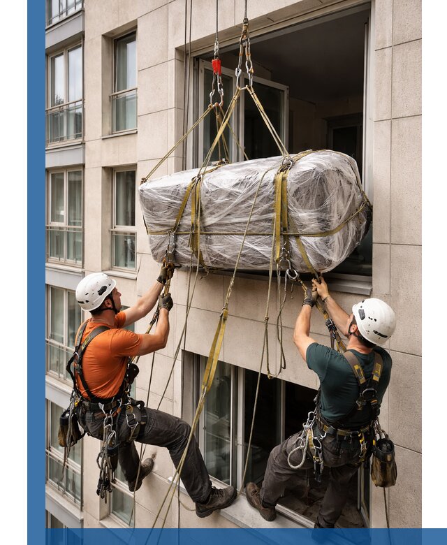 Подъем грузов через окно в Кольчугине промышленными альпинистами