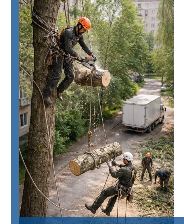Спил деревьев альпинистами в Кольчугине, безопасно и без повреждений